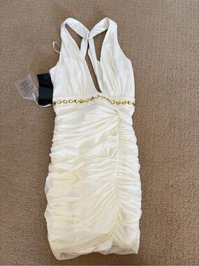 Bebe White Ruched Halter Dress with Gold Accent
